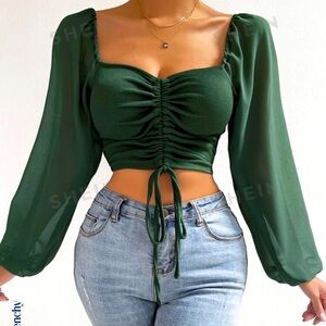 SHEIN Frenchy Sweetheart Neck Drawstring Lantern Sleeve Crop Milkmaid Top